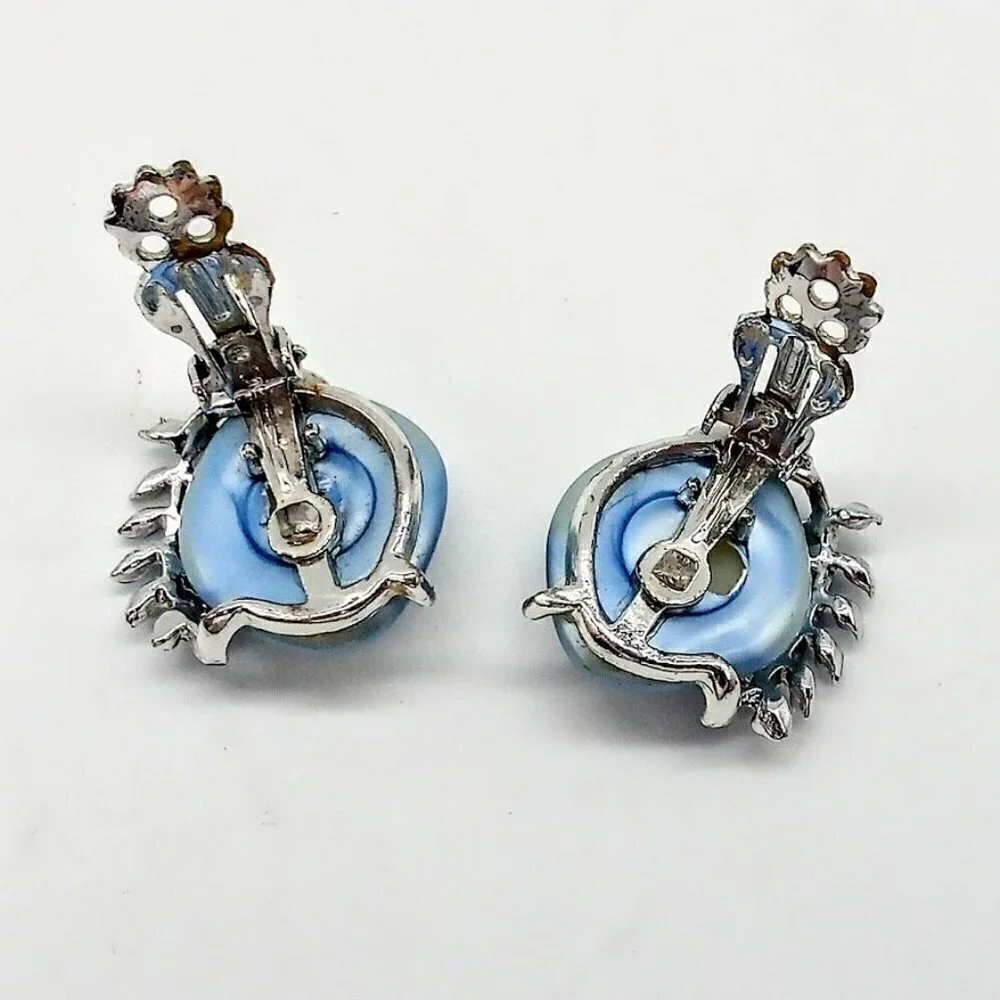 Vintage Blue Mabe Pearl & Enamel Leaf Silver Finish Clip Earrings